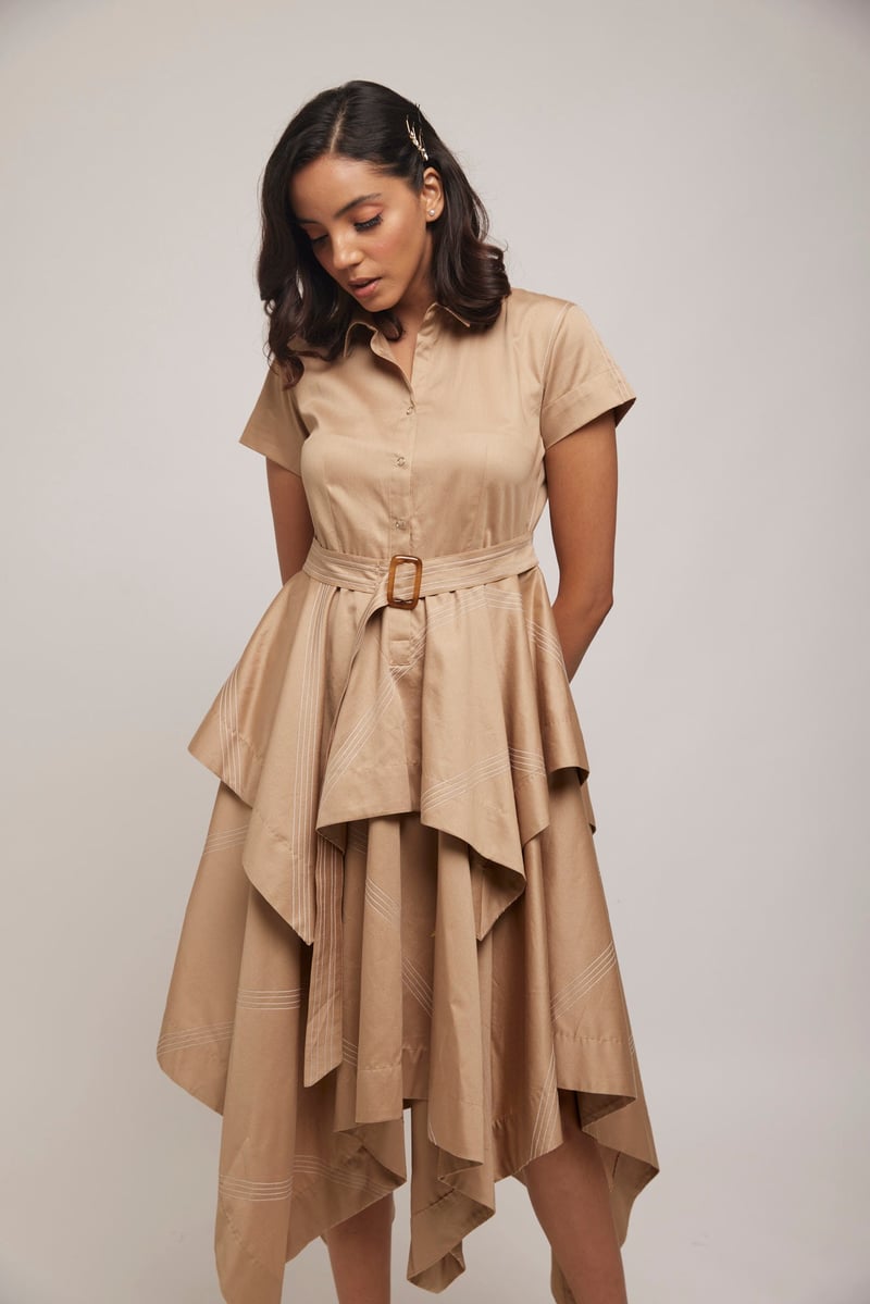 Beige-Gold Asymmetrical Layered Shirtdress with Belt
