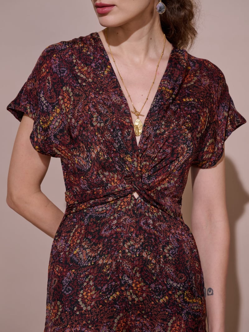 Wine Printed V-Neck Wide-Leg Jumpsuit with Knot Waist
