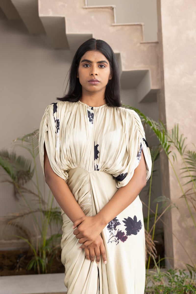 Ivory Floral Print Draped Maxi Gown