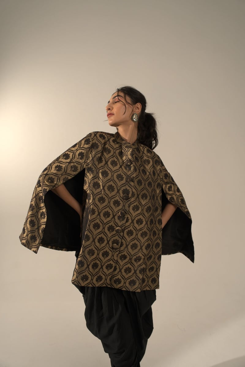 Black and Gold Metallic Brocade Cape Jacket