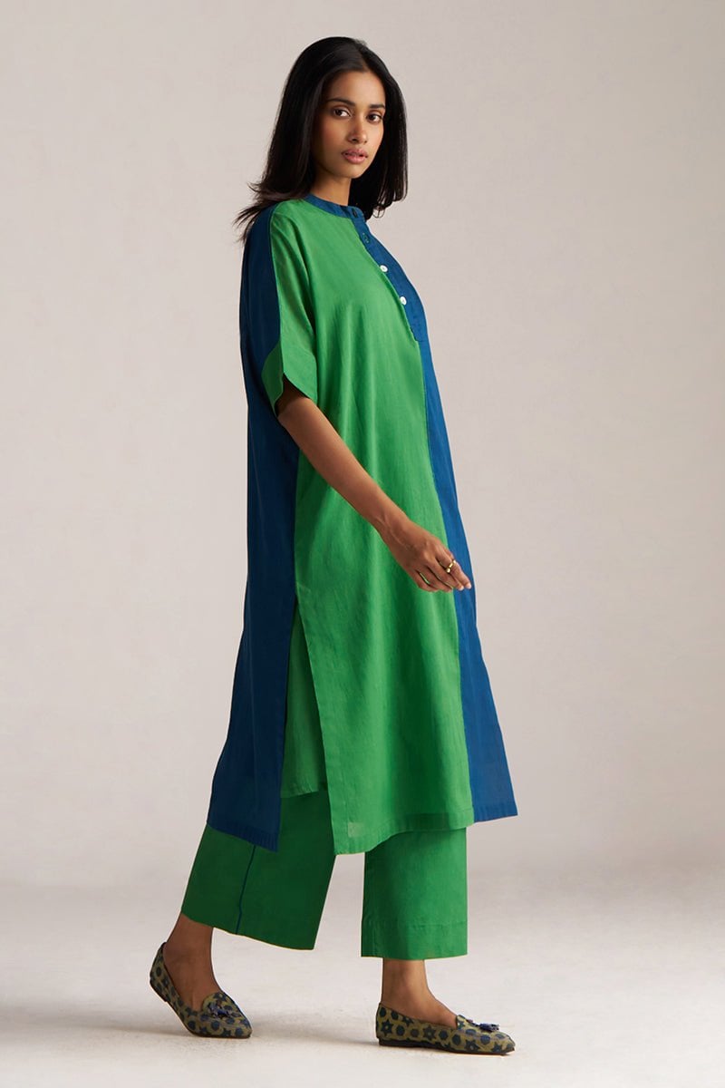 Blue and Green Colorblocked Kurta Co-ord Set with Slip