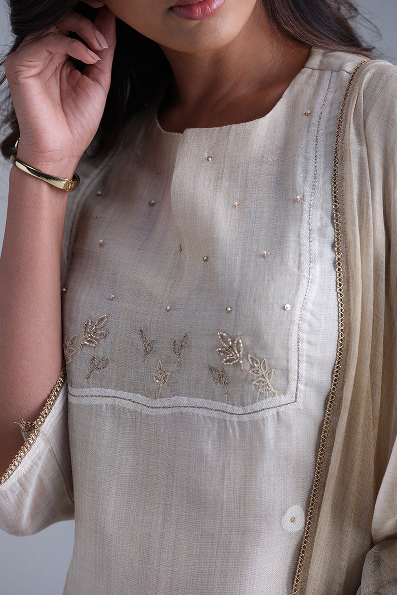 Fog Beige Straight Kurta Set with Handwork and Dupatta
