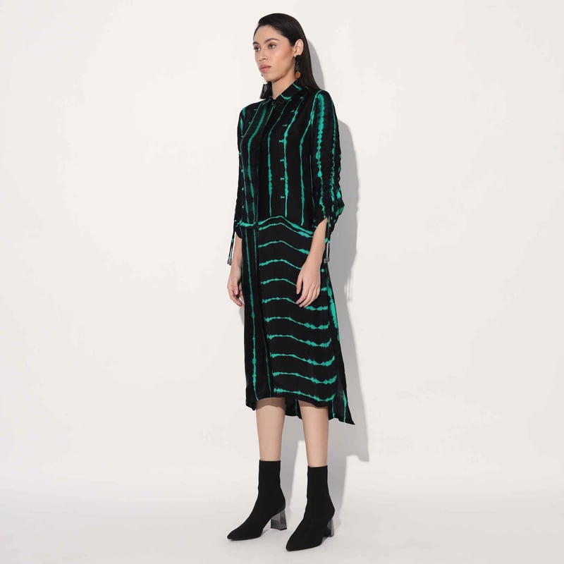 Green/Black Shibori Striped Satin Midi Shirtdress