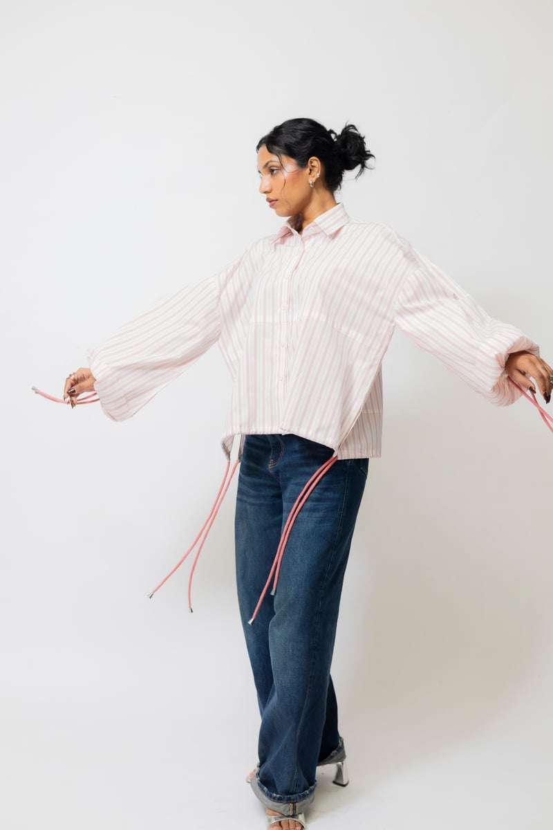 Oversized Balloon Sleeve Striped Cotton Shirt, White/Pink