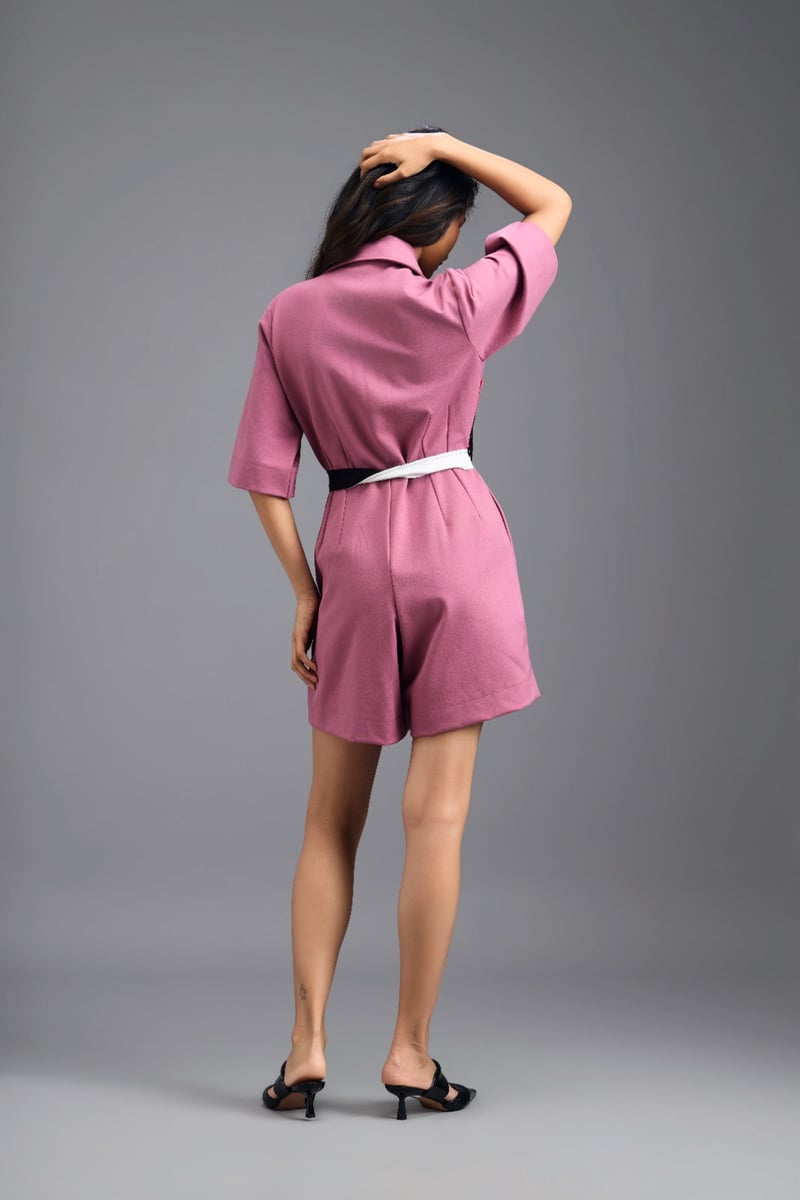 Pink Tailored Playsuit with Colour-Block Pocket Panels