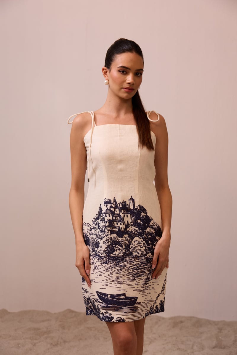 Apricot Linen Square-Neck Tie-Strap Dress with Print