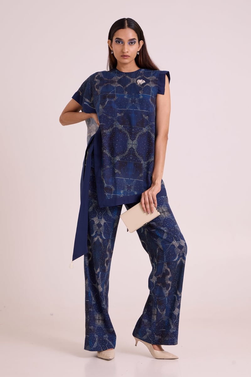 Indigo Printed Linen Top and Pant Co-ord Set