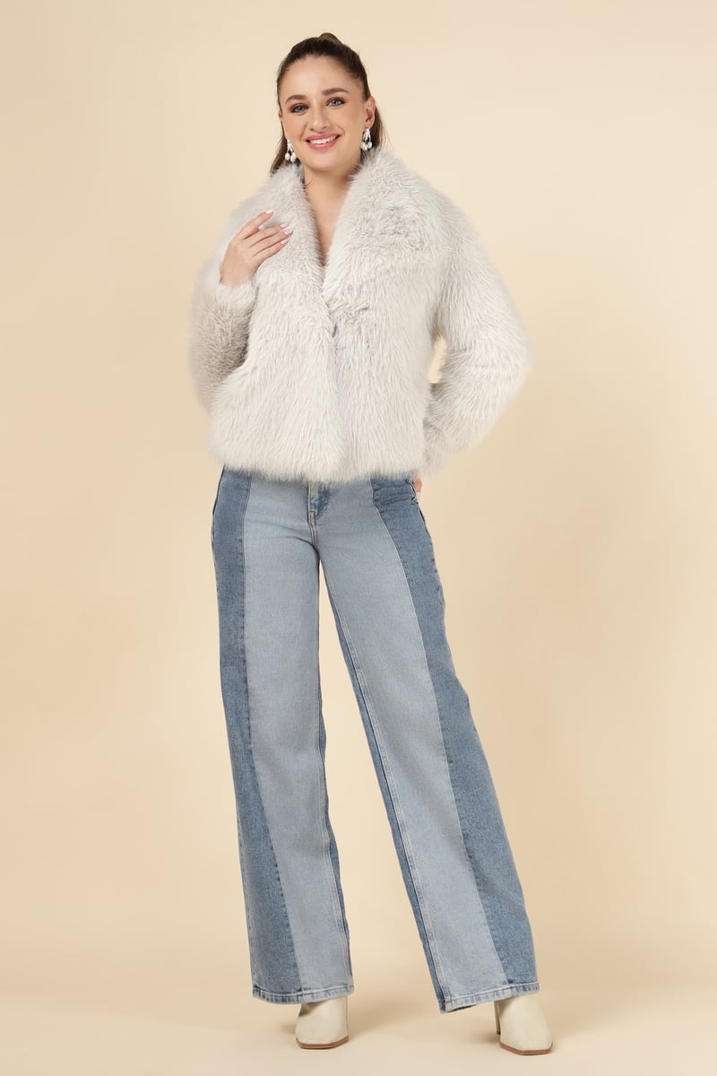 Beige Cropped Faux-Fur Jacket with Lapel Collar