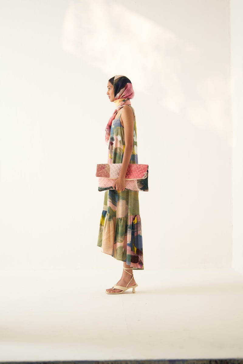 Abstract Print Tiered Midi Dress with Square Neck