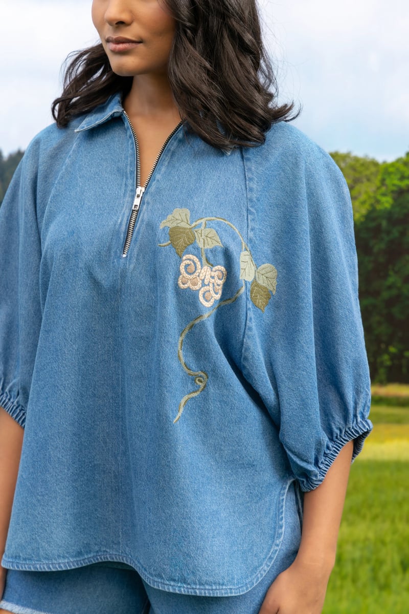 Light Denim Half-Zip Raglan Shirt with Embroidery