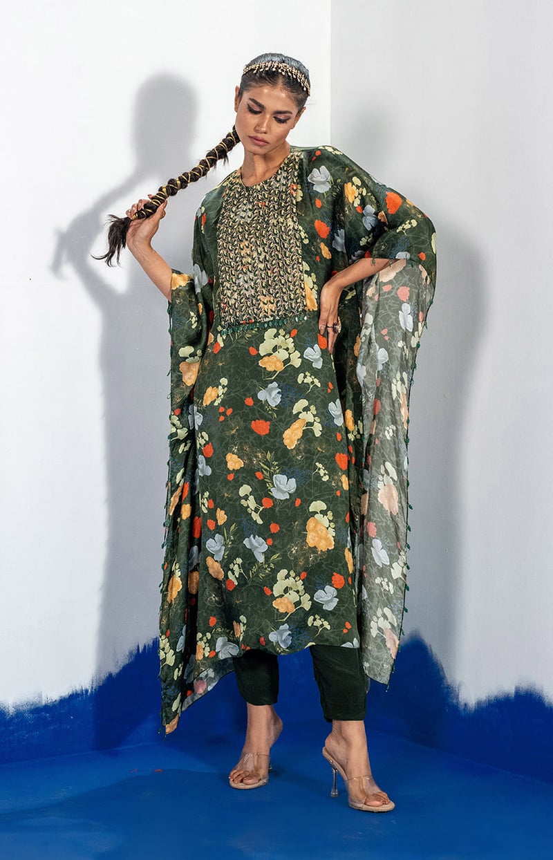 Green Floral Kaftan Kurta Set with Embroidered Yoke