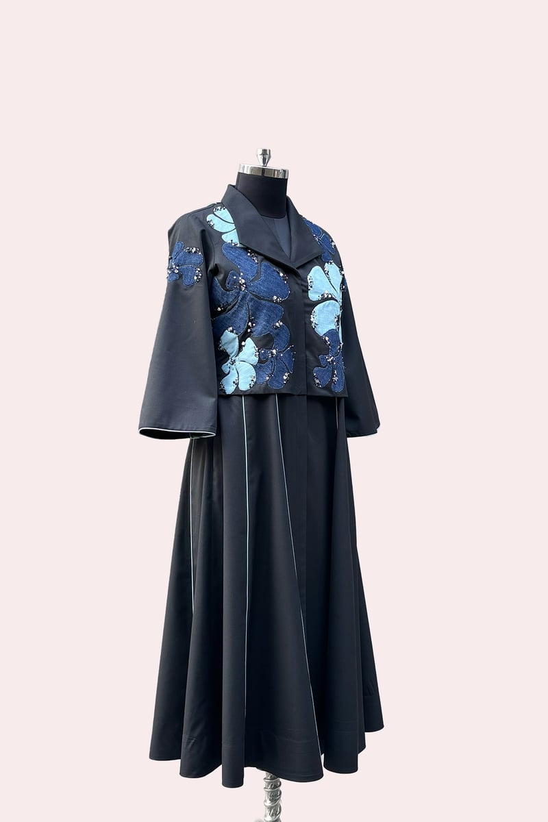 Black Suiting Midi Dress with Blue Floral Embroidery