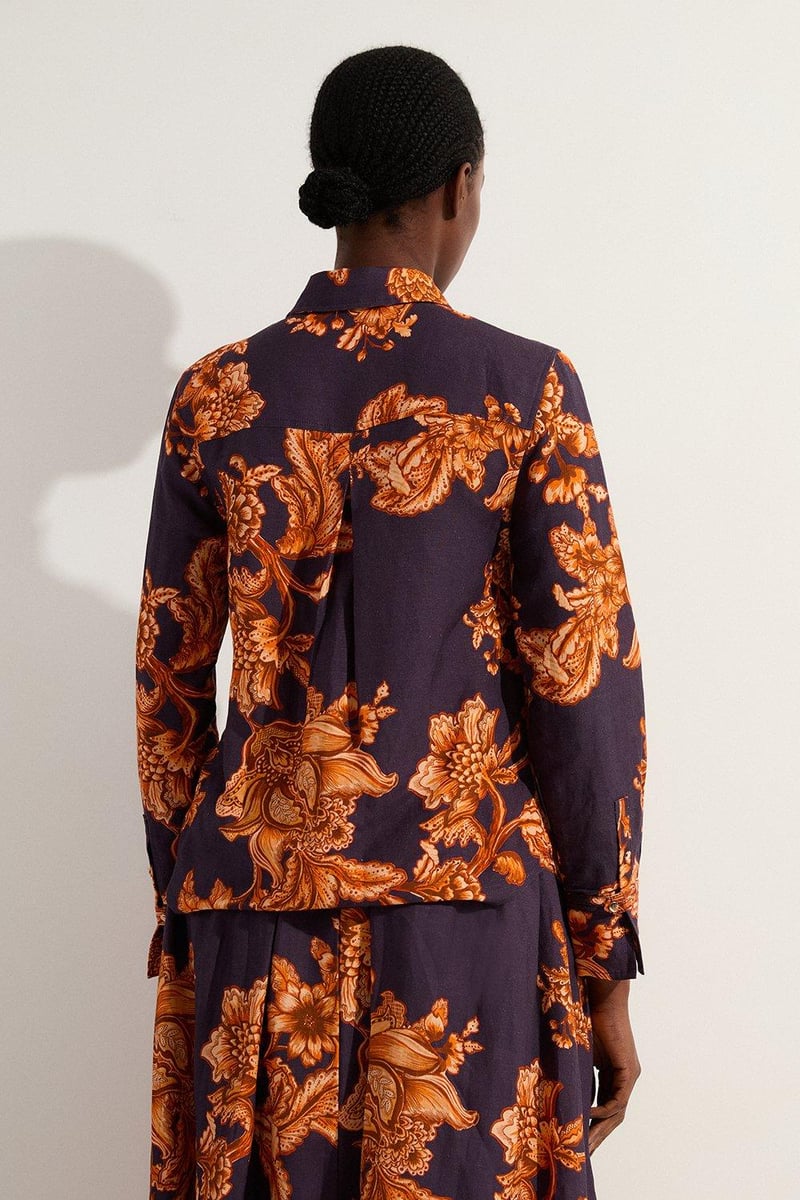 Navy Orange Floral Print Relaxed Fit Button-Front Shirt