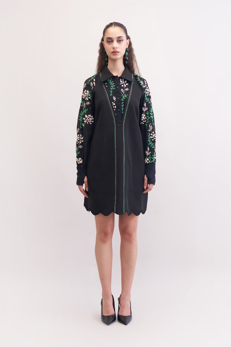 Black Lace Sleeve Mini Shirt Dress
