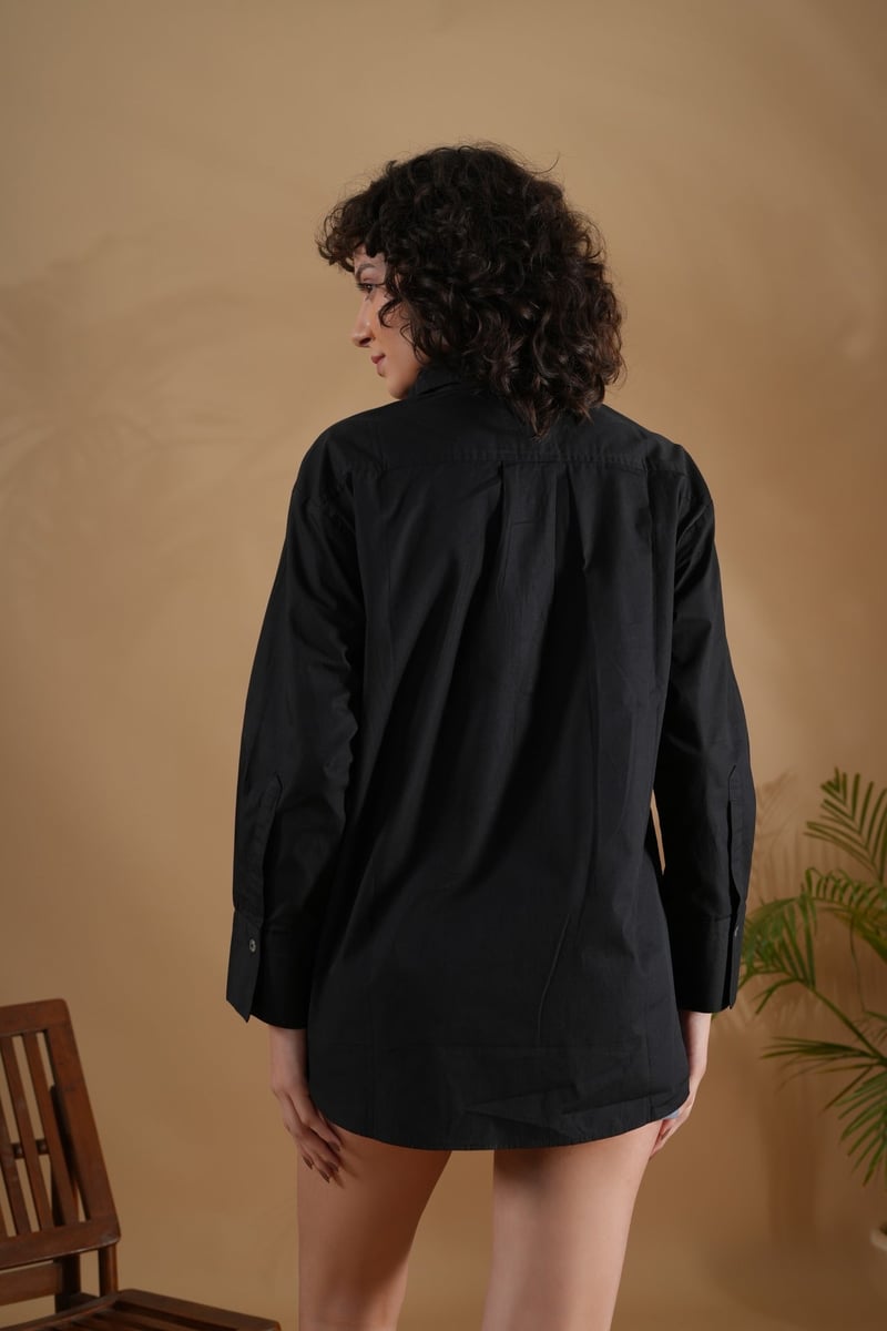 Black Oversized Embroidered Cotton Shirt