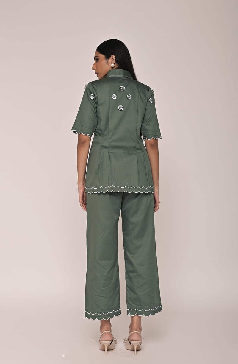 Light Green Scallop Hem Shirt and Wide-Leg Pants Co-ord Set