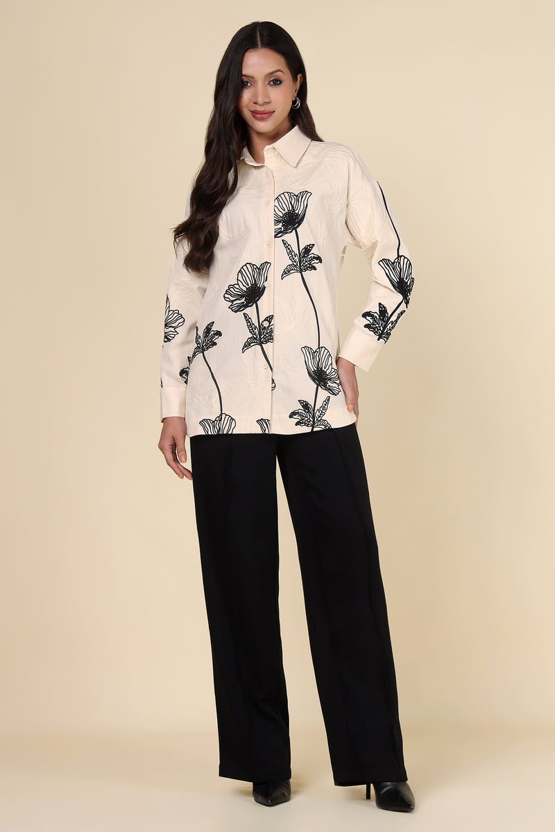 Natural Ivory Monochrome Floral Longline Cotton Shirt