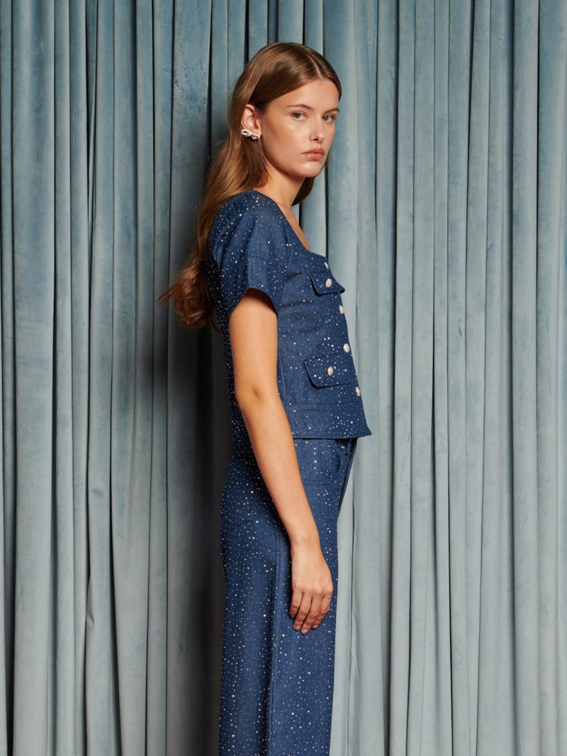 Blue Square-Neck Sparkle Button-Front Top