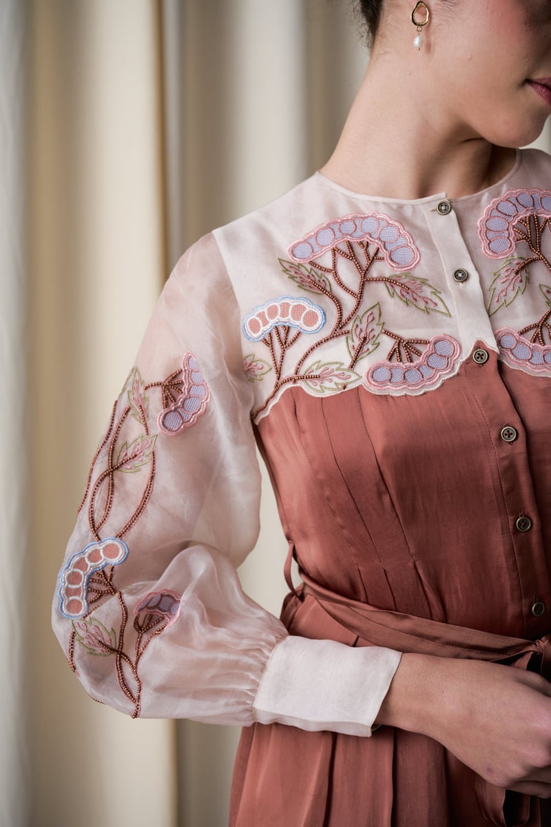 Mocha Fit and Flare Dress with Sheer Embroidered Yoke