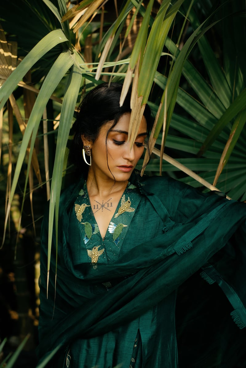 Green A-Line Embroidered Kurta Set with Dupatta