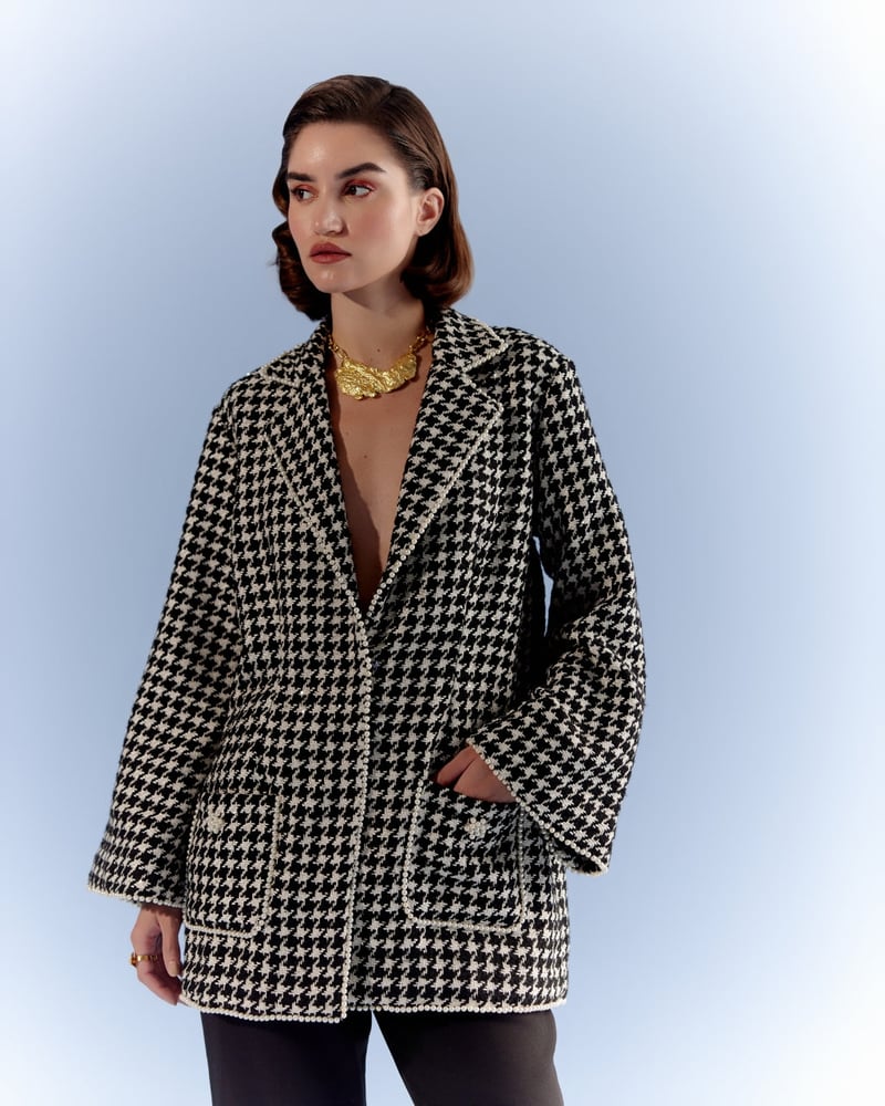 Black and White Tweed Jacket with Pearl Trim