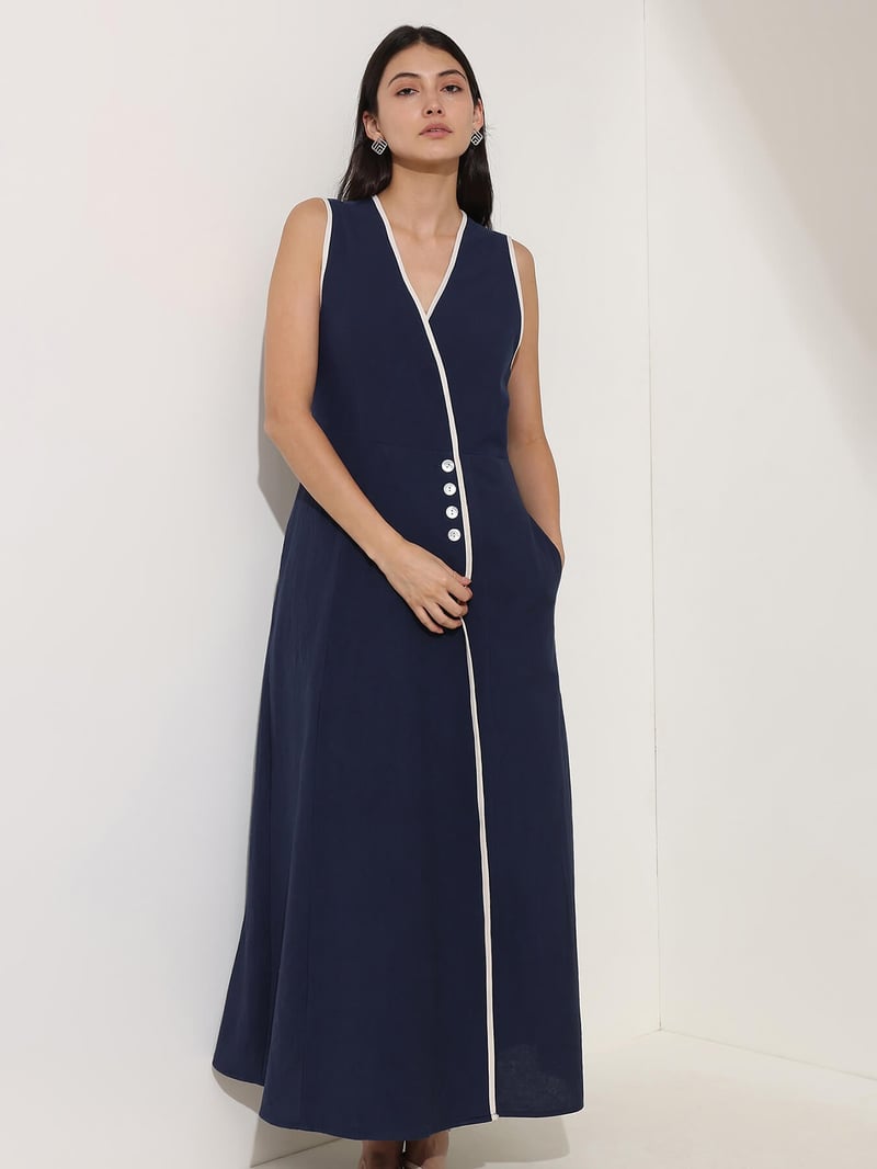 Denim Blue Linen-Blend Colorblock A-Line Maxi Dress