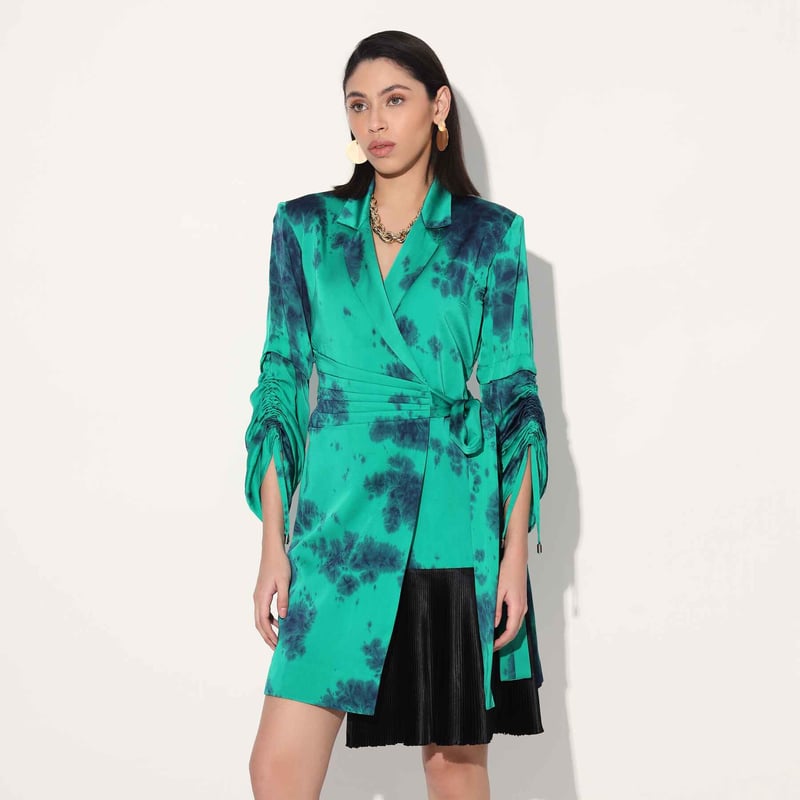 Green Tie-Dye Satin Wrap Jacket Dress