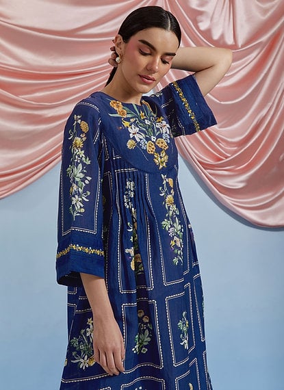 A.F Blue Floral Printed A-Line Kurta with Pleats