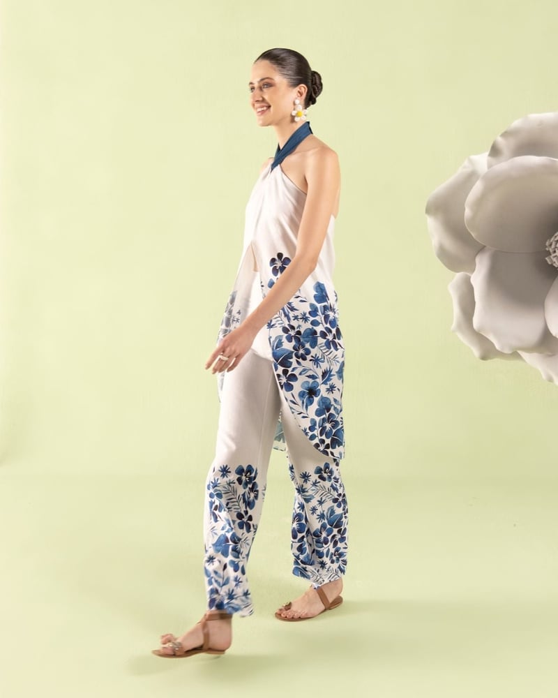 Blue/White Halter Top and Wide-Leg Pants Co-ord Set