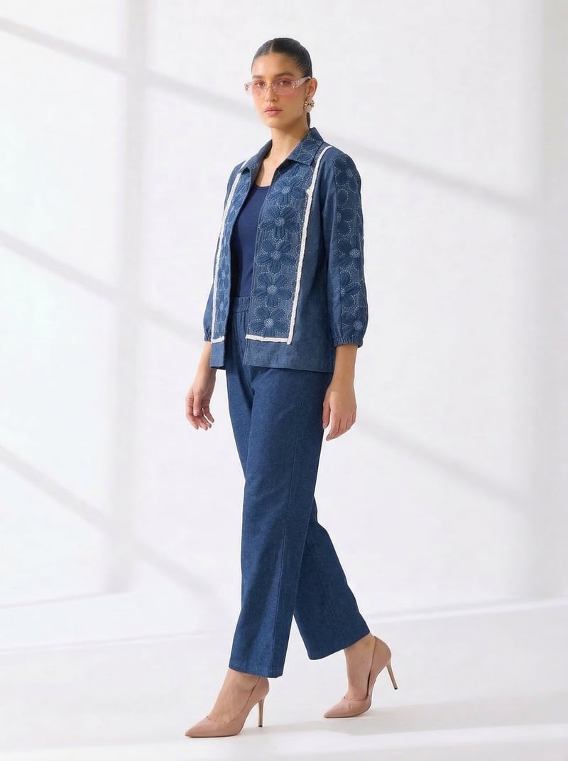 Blue Denim Cutwork Jacket and Wide-Leg Pants Co-ord Set