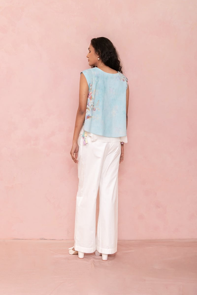 Blue Floral Printed Layered Hem Tunic Top