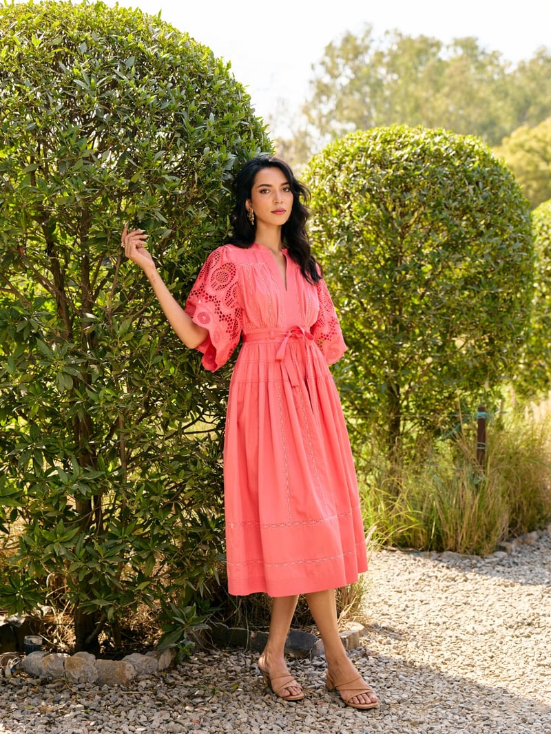 Pink Tiered Midi Dress with Schiffli Sleeves and Belt