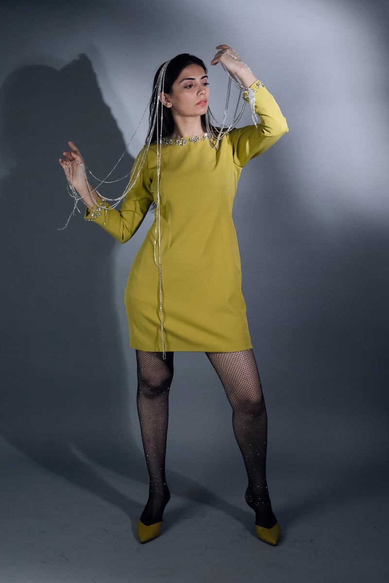Yellow Crystal-Embellished Sheath Mini Dress