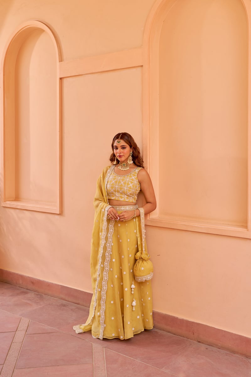 Yellow Organza Embroidered Lehenga Set with Dupatta
