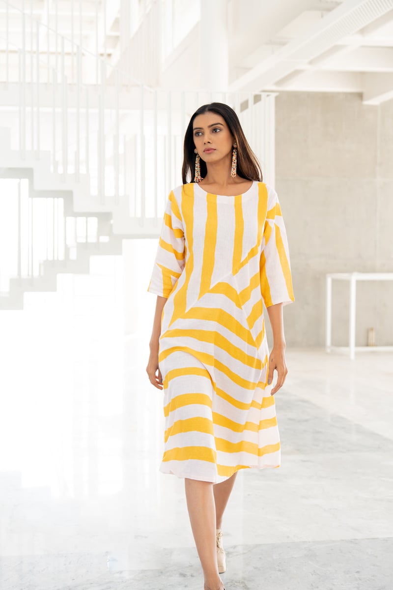 Yellow Striped Linen-Blend Midi Dress with Pockets