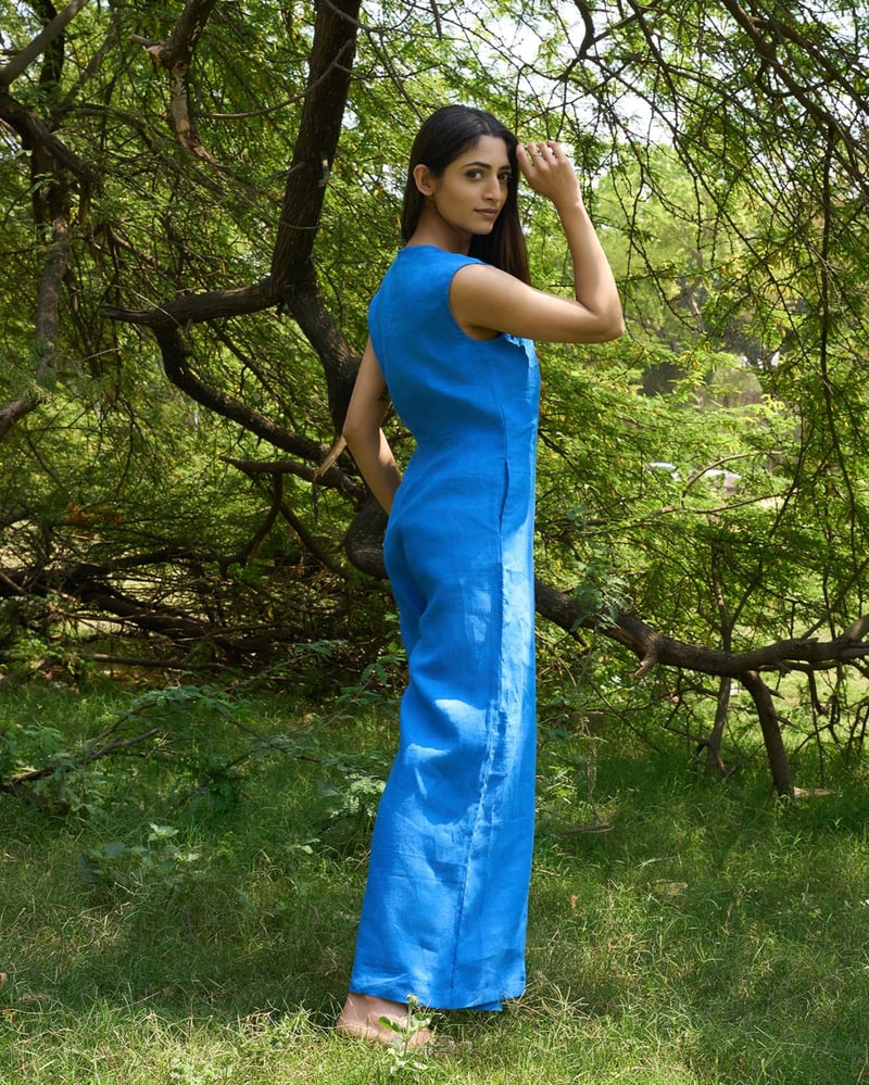 Blue Linen Wrap-Front Wide-Leg Jumpsuit