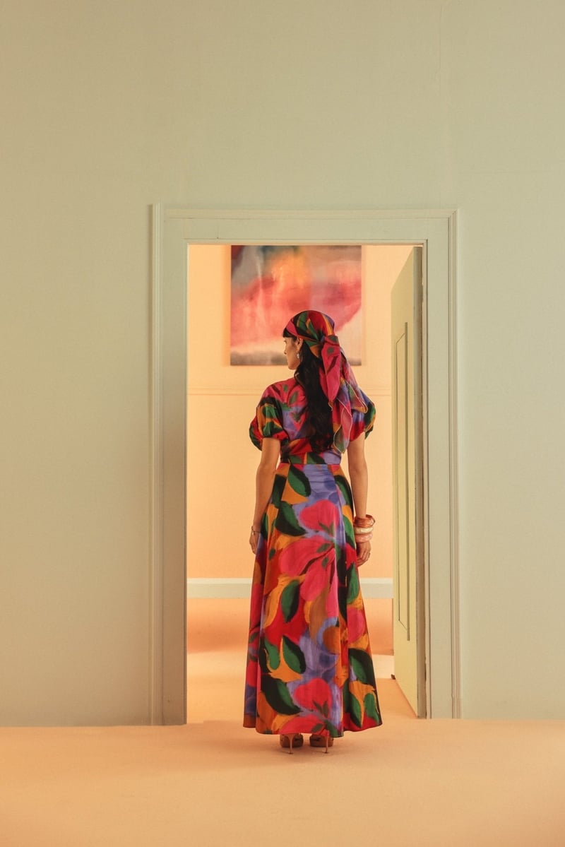 Multicolor Abstract Floral Fit and Flare Maxi Dress