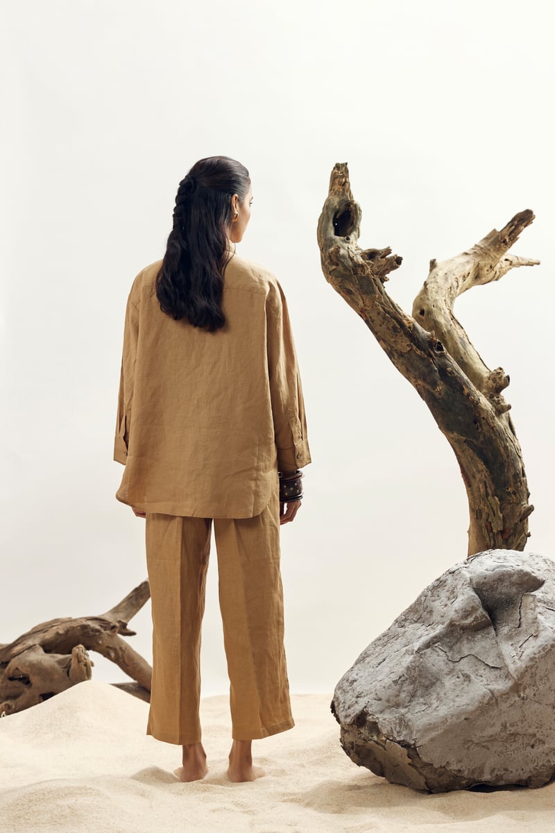 Camel Linen High-Rise Straight-Leg Trousers