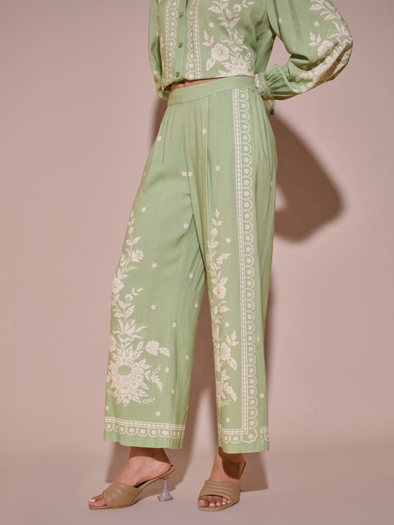 Green Floral Printed Wide-Leg Trousers