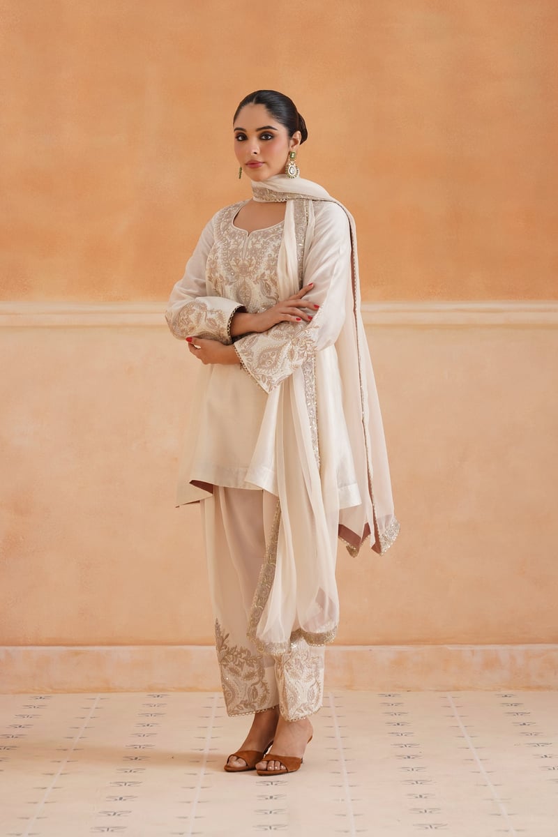Ivory Embroidered Chanderi Kurta Set with Dupatta