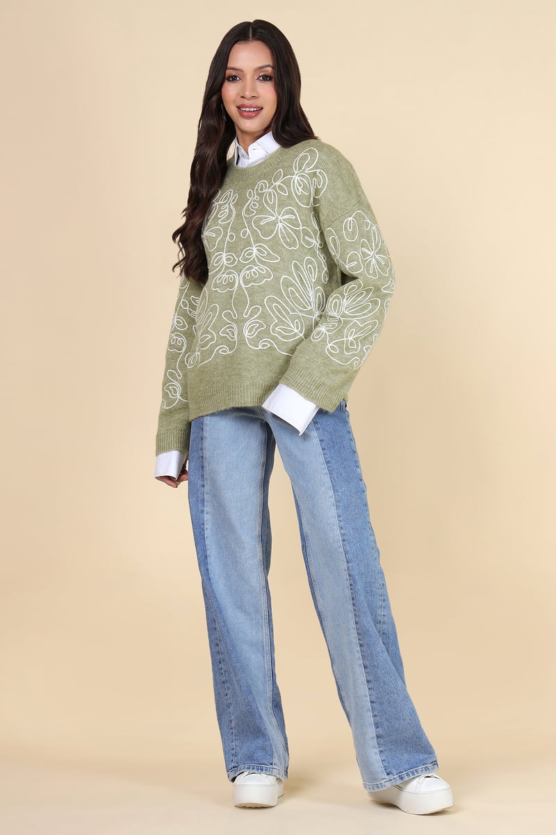Green Abstract Line-Art Floral Crew Neck Sweater