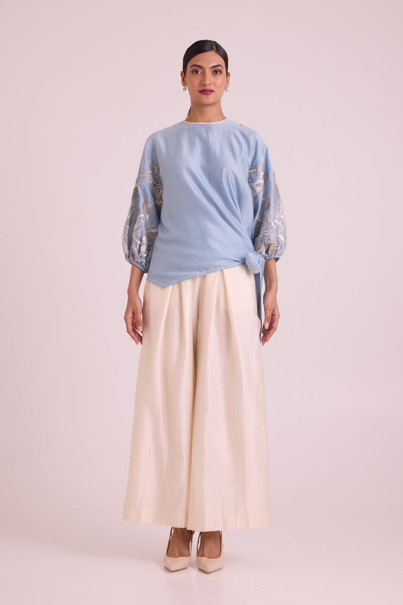 Blue Chanderi Silk Tie-Up Top with Embroidered Sleeves