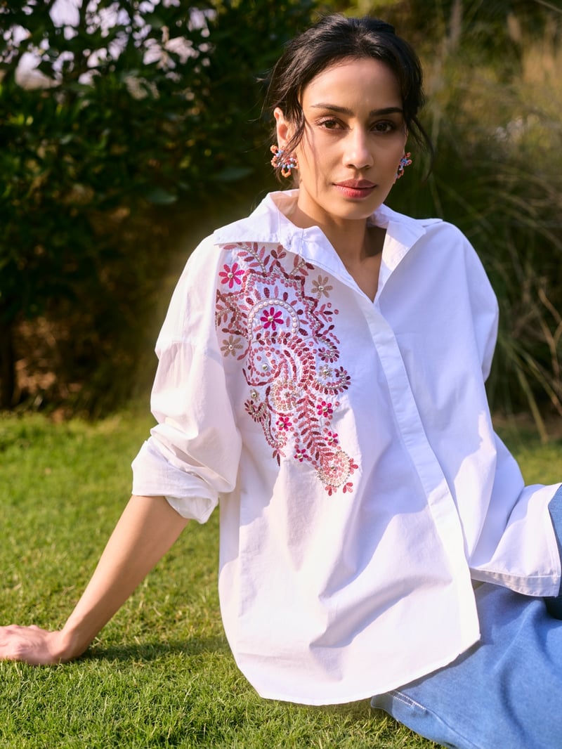 White Cotton Embroidered Button-Down Shirt
