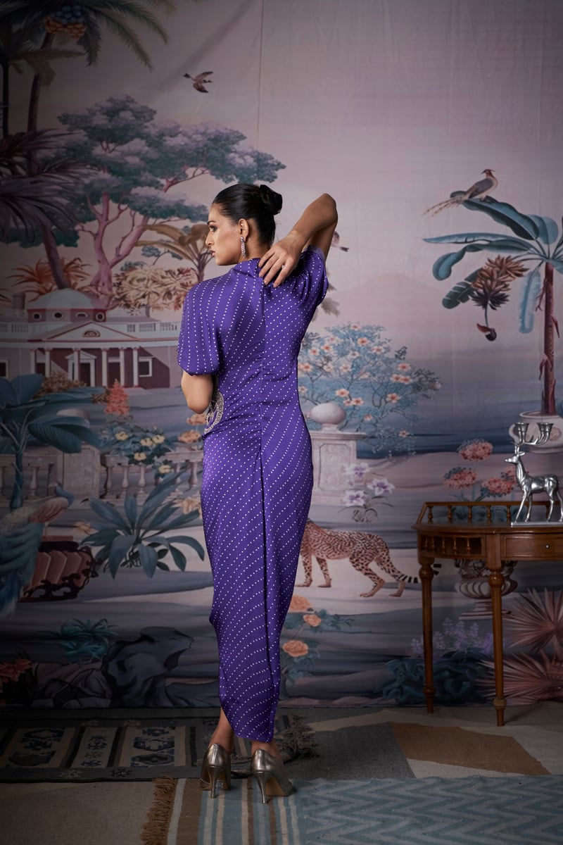 Purple Satin Printed Ruched Kaftan with Plunging Neck