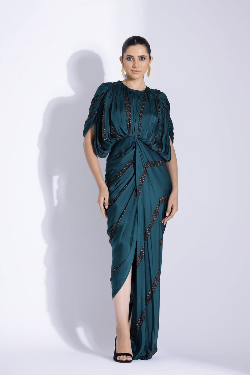 Teal Draped Kaftan Gown with Front Slit