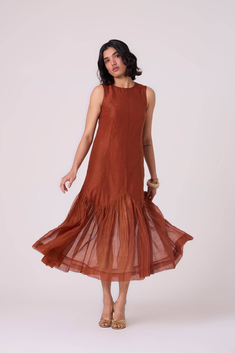 Copper Sleeveless A-Line Tiered Midi Dress