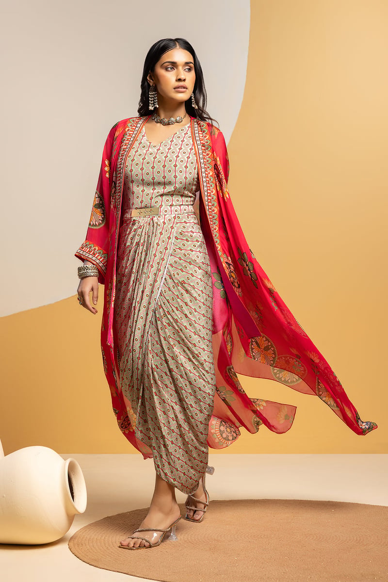 Multicolor Printed Drape Midi Dress Set With Organza Jacket