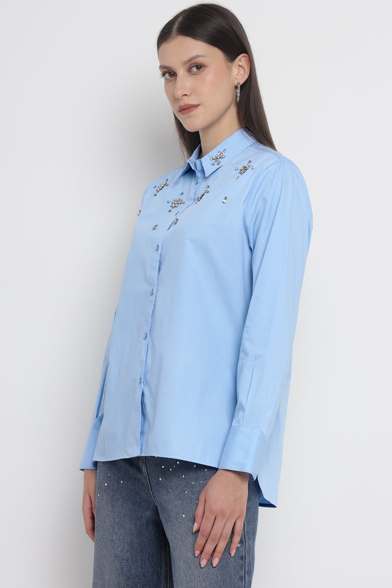 Light Blue Embellished Cotton Button-Down Shirt