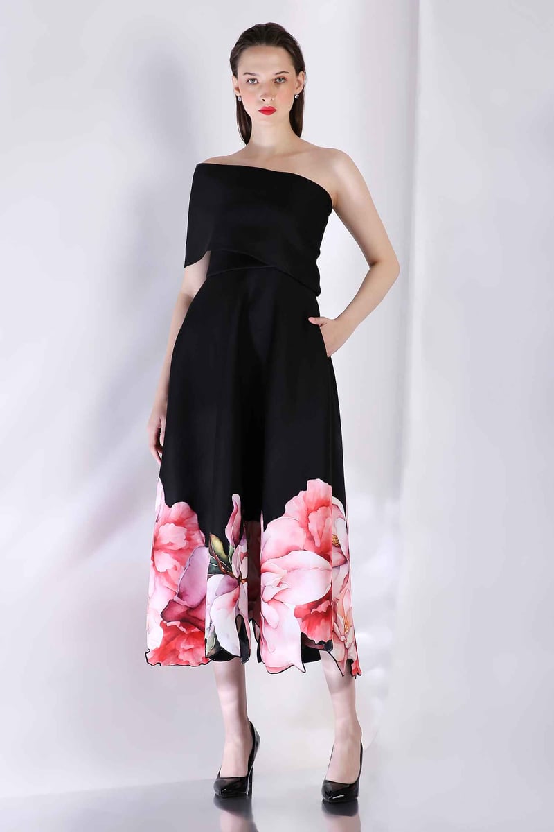 Black Off-Shoulder A-Line Midi Dress with Floral Hem