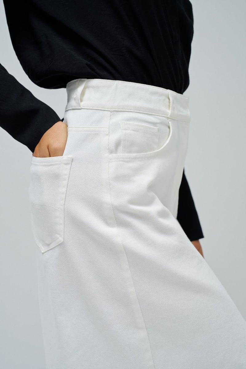 White High-Waist Denim Midi Pencil Skirt with Slit